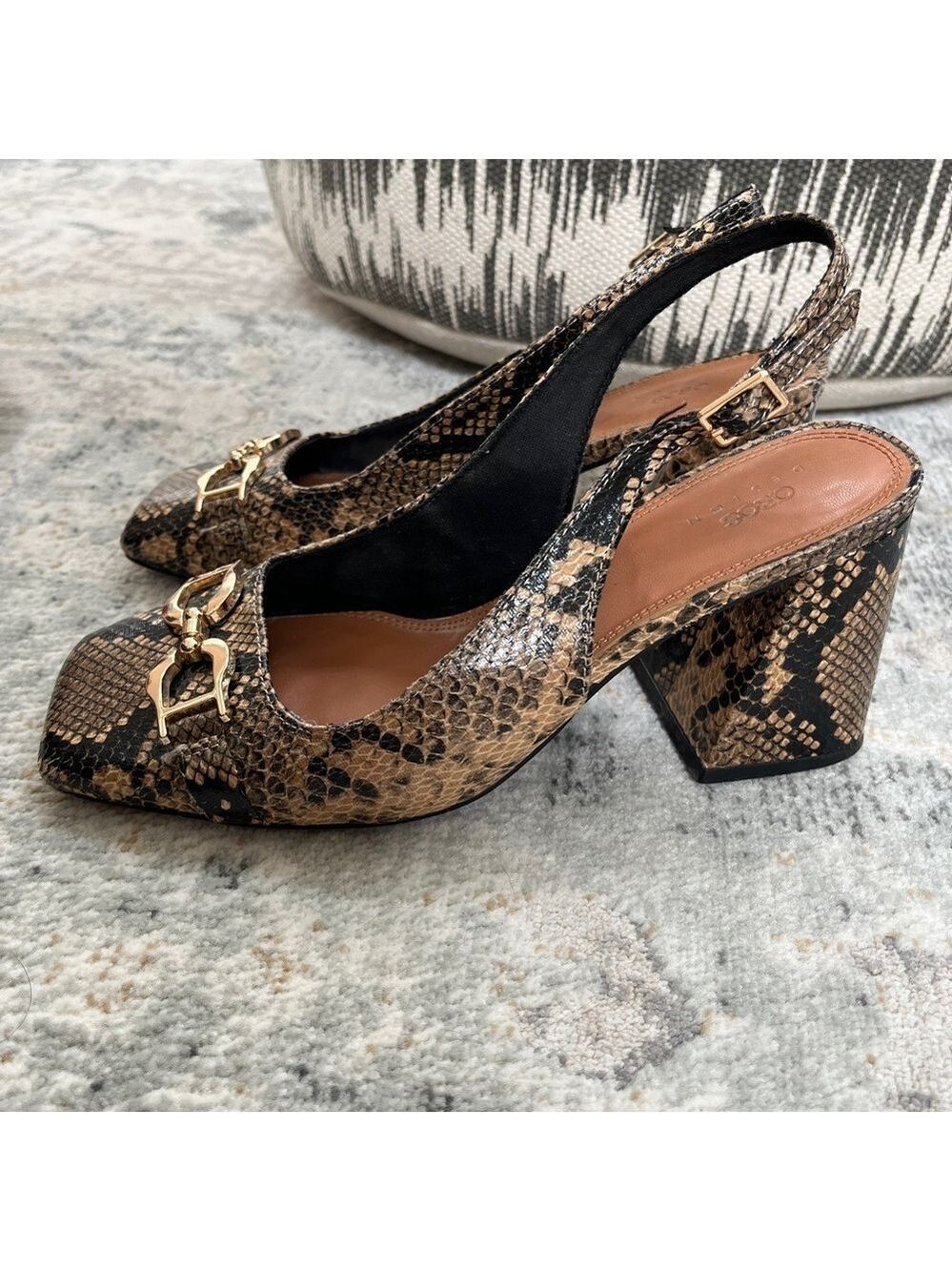 ASOS DESIGN Block Heel Square Toe Slingback Shoes Snakeskin Faux Leather Chic